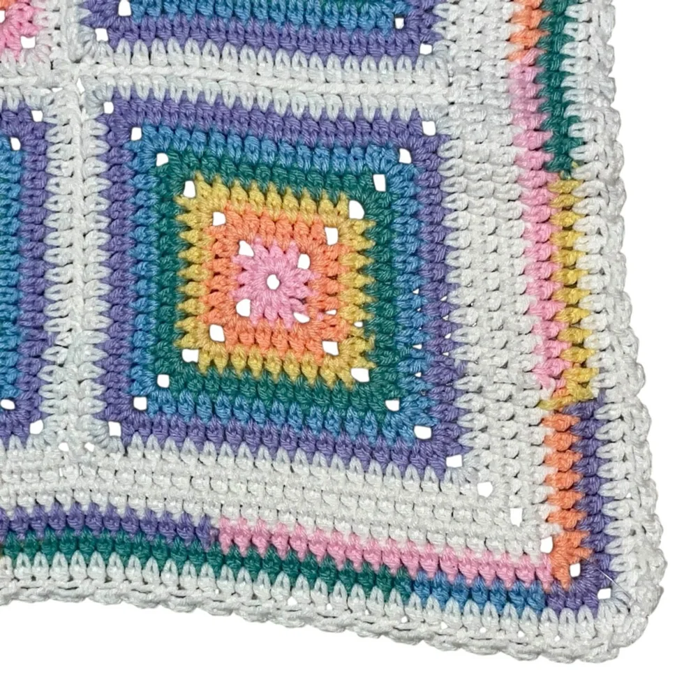 Vintage 70s  Square Granny Afghan Crochet Baby, Chair Blanket  35.5 Inches
